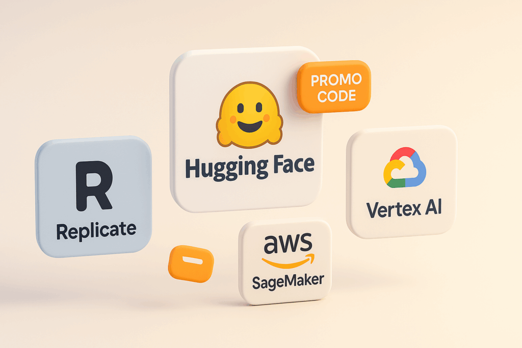 A 3D comparison scene with floating panels showing the logos of Hugging Face, Replicate, Google Vertex AI, and AWS SageMaker. Hugging Face is centered with an orange “Promo Code” badge attached. The scene uses floating blocks, rounded panels, soft shadows, and a beige gradient background in a modern 3D style.