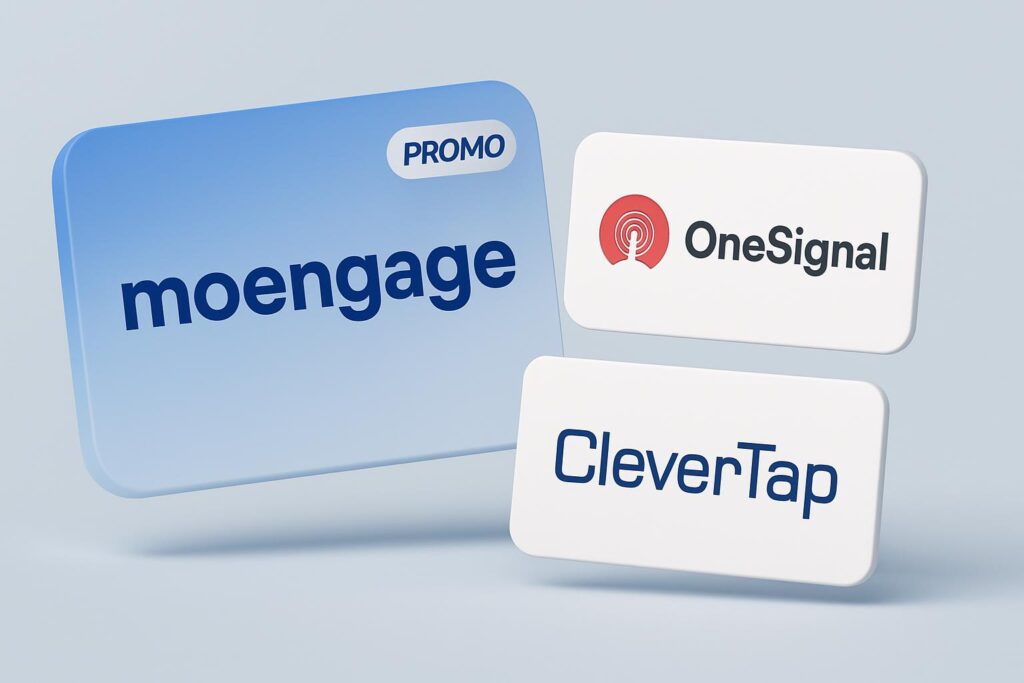3D comparison image of MoEngage logo with promo code badge alongside OneSignal and CleverTap logos on floating panels.