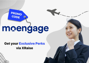 3D promo code hero image featuring MoEngage logo with discount tag and floating abstract icons, styled in MoEngage brand colors.