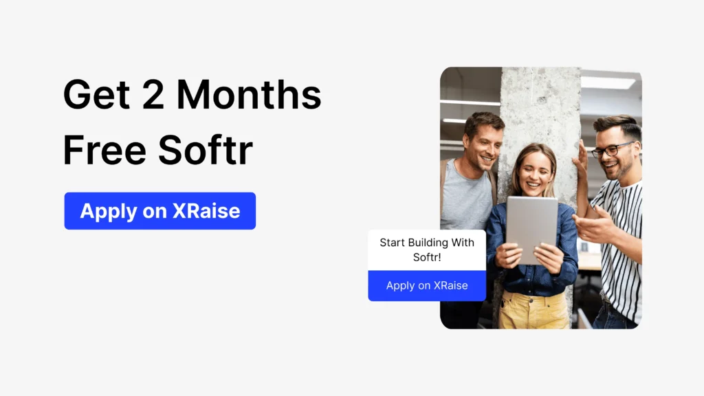 Softr discount for startups banner showing team collaboration on tablet with 2 months free Softr offer