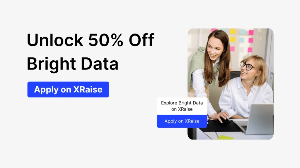 Bright Data discount for startups banner showing team collaboration with 50% off Bright Data offer
