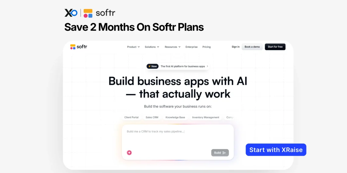 Softr discount for startups banner showing AI business app builder interface with 2 months free offer