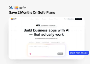 Softr discount for startups banner showing AI business app builder interface with 2 months free offer