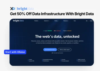 Bright Data discount for startups banner showing web data platform interface with 50% off data infrastructure offer