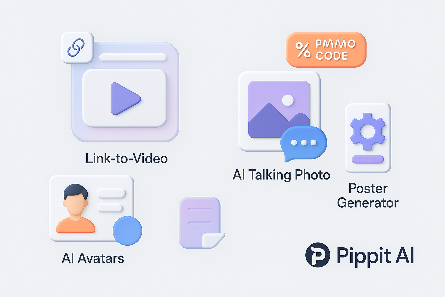 Pippit AI features in 3D style showing video ads, AI avatars, talking photo, poster generator, analytics, and promo code tag.