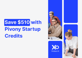 Startup founders collaborating with banner text “Save $510 with Pivony Startup Credits” via XRaise.ai.