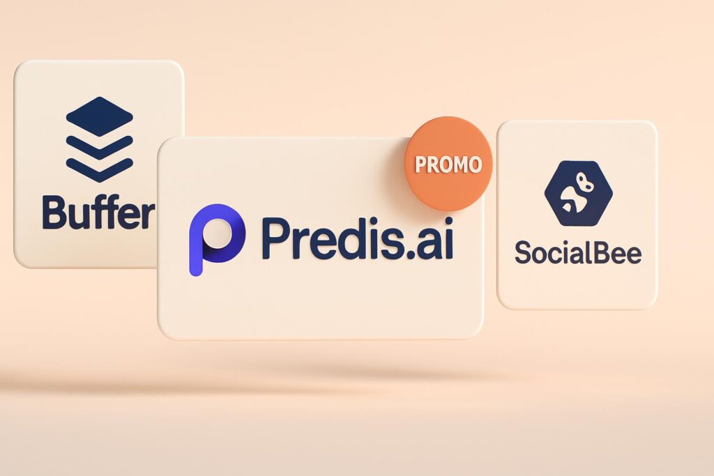 3D comparison image ofPredis.ai logo with promo code badge alongside SocialBee and Buffer logos on floating panels.