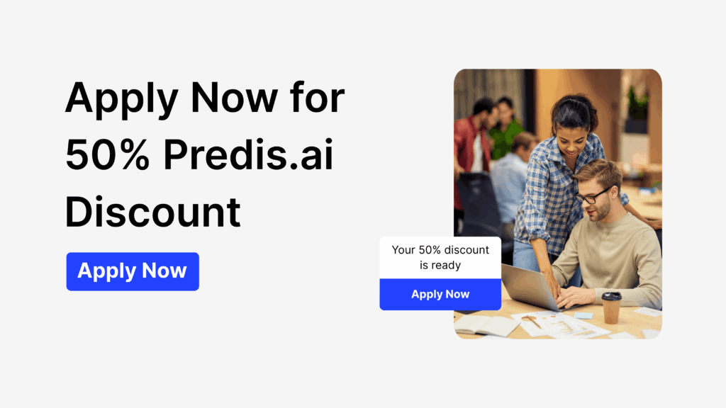 Predis.ai discount banner for 50 percent annual startup offer