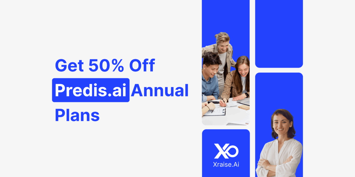 50% off Predis.ai annual plans banner for startups