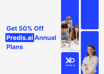 50% off Predis.ai annual plans banner for startups