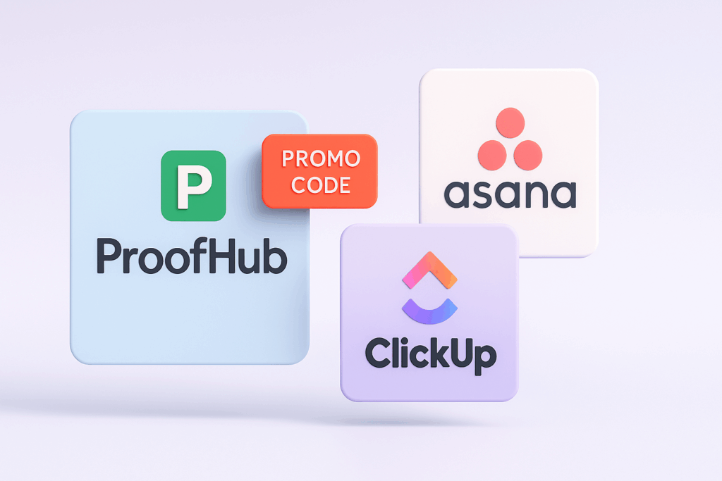 3D comparison graphic showing the ProofHub logo on a floating panel with a “Promo Code” badge, positioned against panels featuring the Asana and ClickUp logos. The logos are arranged in balance with soft shadows, floating depth, and a clean pastel gradient background.