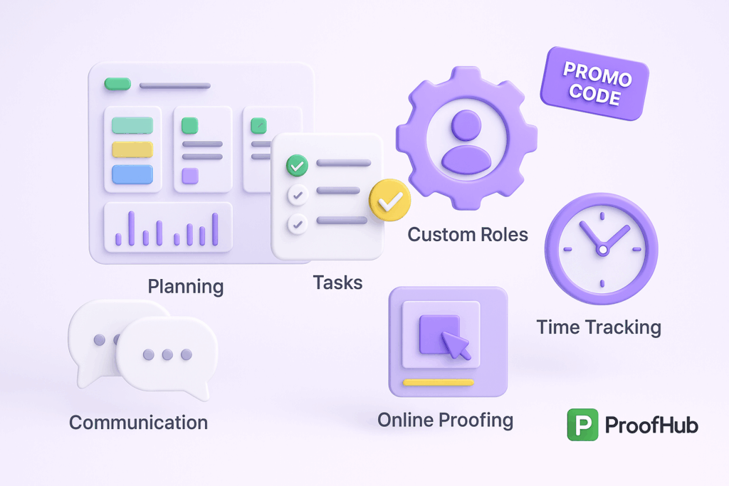 3D illustration showing ProofHub’s key features with floating icons: planning dashboard, task checklist, gear for custom roles, clock for time tracking, chat bubbles for communication, and cursor on a screen for online proofing. Each icon has a clear title underneath. A small “Promo Code” badge floats above, and the ProofHub logo appears in the corner on a soft gradient background.