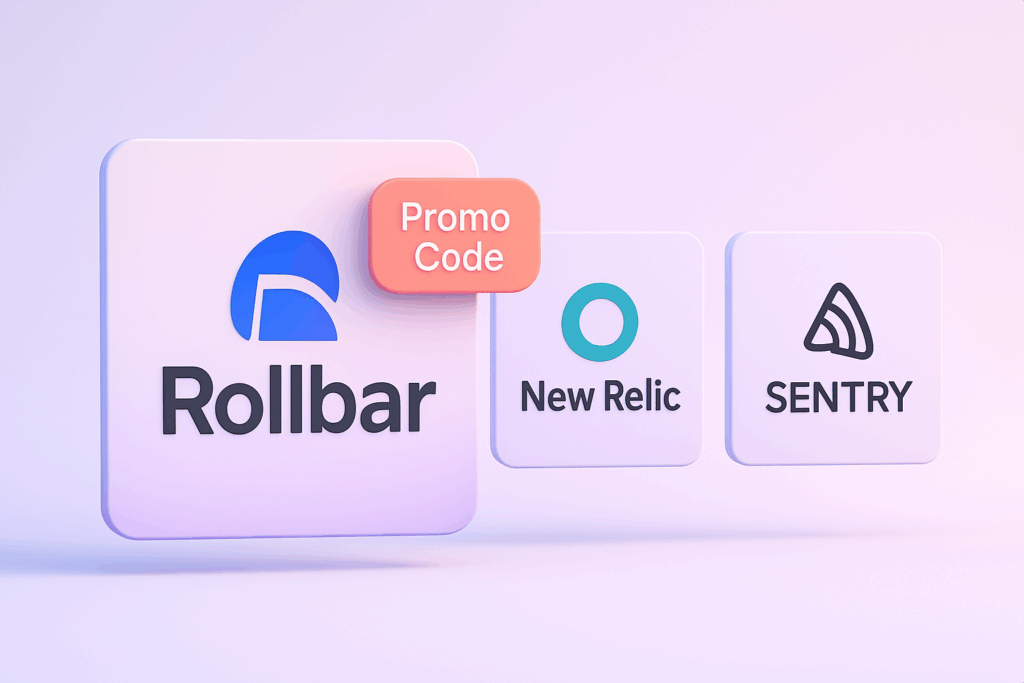 A 3D comparison scene with Rollbar, New Relic, and Sentry logos on floating panels. Rollbar’s panel is larger and highlighted with a red “Promo Code” badge. The logos are clean and modern, arranged horizontally on a pastel gradient background with soft shadows and floating depth.