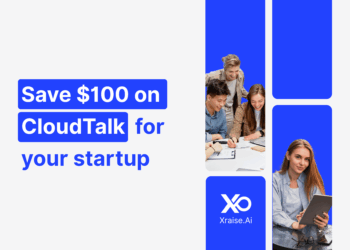 Team of startup founders using CloudTalk with the XRaise.ai logo, saving $100 on CloudTalk for startup communications and leveraging marketing AI tools.