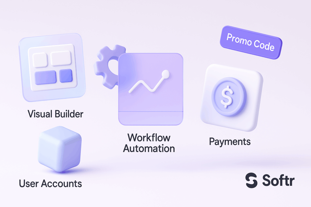 3D pastel icons representing Softr features including Visual Builder, User Accounts, Workflow Automation, and Payments, with a small floating Promo Code tag and Softr logo in the corner.