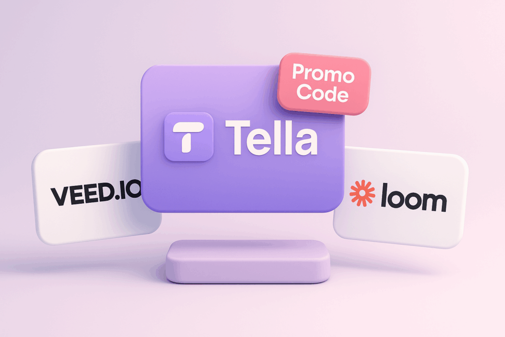 A 3D comparison layout with three floating rectangular cards. The central card shows the Tella logo, highlighted with a floating promo code badge. On the left, VEED.IO’s logo appears on a card, and on the right, Loom’s logo is displayed. All elements float with soft shadows against a purple gradient background, maintaining a modern startup aesthetic.