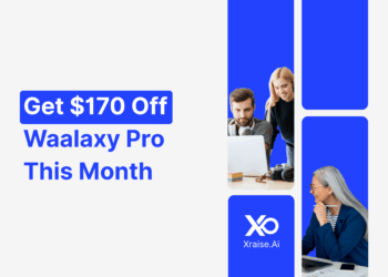 Founders collaborating on laptops with “Get $170 Off Waalaxy Pro” banner promoting XRaise startup perk.