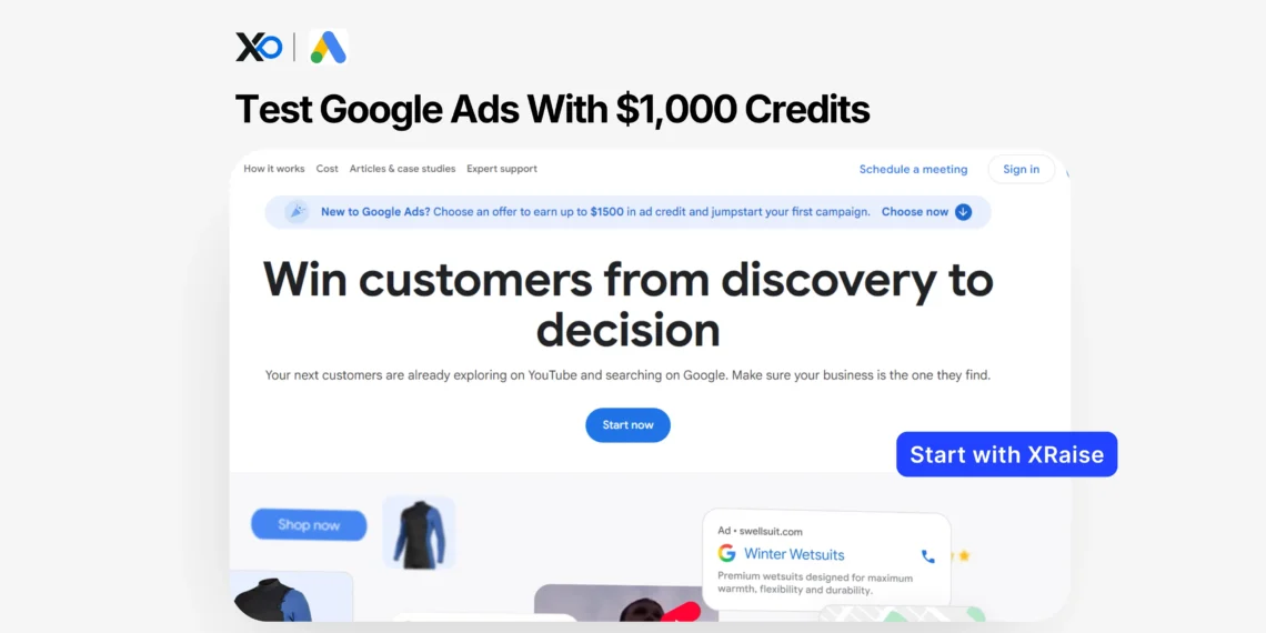 Google Ads credits banner with XRaise branding, webpage mockup, and blue start button