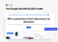 Google Ads credits banner with XRaise branding, webpage mockup, and blue start button