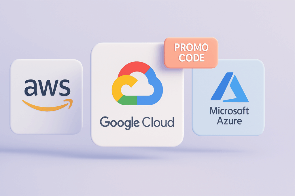 3D comparison illustration with logos of AWS, Google Cloud, and Microsoft Azure on floating panels. Google Cloud is centered and highlighted with a floating promo code badge above its logo.
