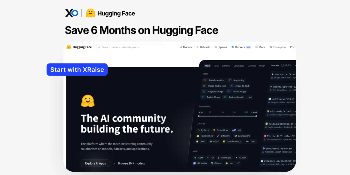 Hugging Face perk banner with XRaise branding, platform mockup, six-month savings headline, and blue CTA button