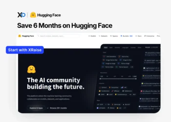 Hugging Face perk banner with XRaise branding, platform mockup, six-month savings headline, and blue CTA button