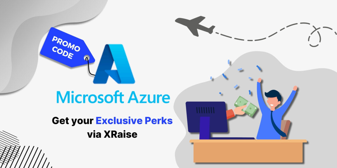 Microsoft Azure promo code banner with excited businessman at desk receiving money – exclusive XRaise startup perks and cloud credits in U.S. and global markets