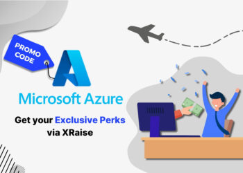 Microsoft Azure promo code banner with excited businessman at desk receiving money – exclusive XRaise startup perks and cloud credits in U.S. and global markets
