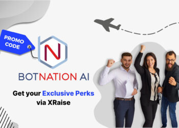 Botnation AI promo code banner with team of three cheering entrepreneurs – chatbot perks via XRaise for founders in the U.S. and global startup ecosystem