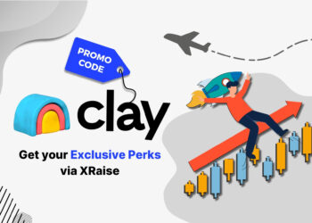 Clay promo code feature image with animated founder riding rocket arrow upwards – exclusive XRaise perks for data enrichment and outreach tools for startups globally