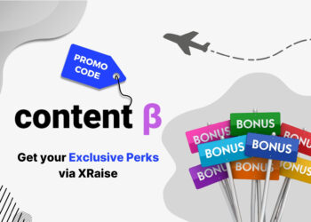 Content Beta promo code banner with airplane and colorful bonus signs – exclusive startup perks via XRaise for U.S. and worldwide founders in content marketing