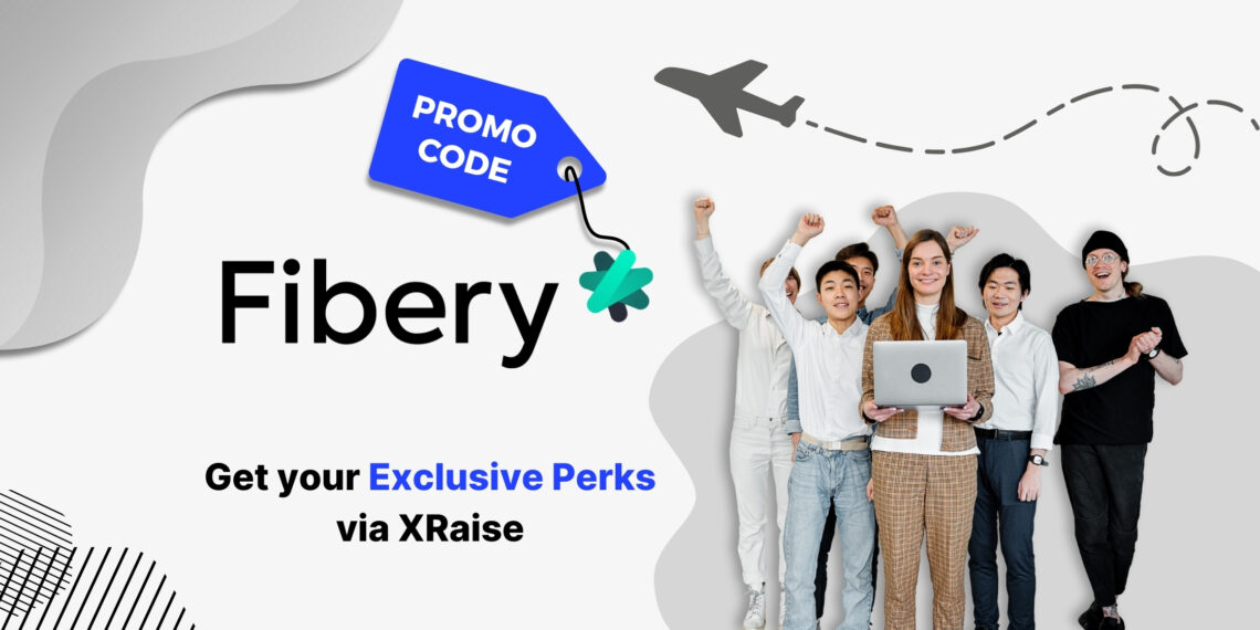Fibery promo code banner with team of young founders holding laptop and celebrating – exclusive startup perks via XRaise for project and product management tools