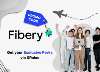 Fibery promo code banner with team of young founders holding laptop and celebrating – exclusive startup perks via XRaise for project and product management tools