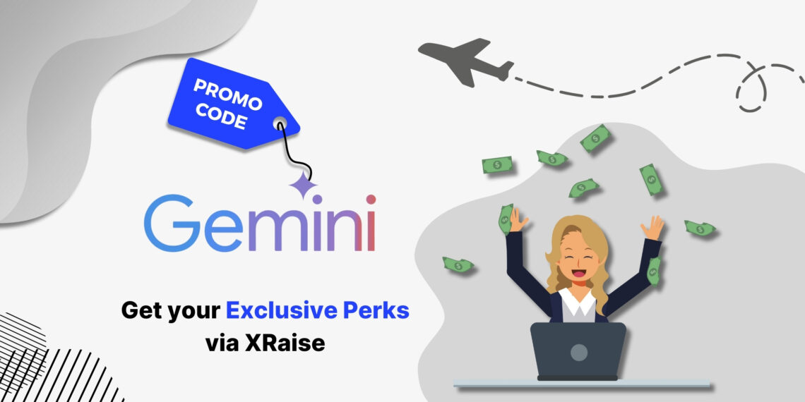 Gemini promo code banner with excited businesswoman at laptop and flying money graphics – XRaise exclusive AI perks for startups in U.S. and worldwide