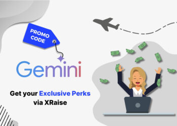 Gemini promo code banner with excited businesswoman at laptop and flying money graphics – XRaise exclusive AI perks for startups in U.S. and worldwide