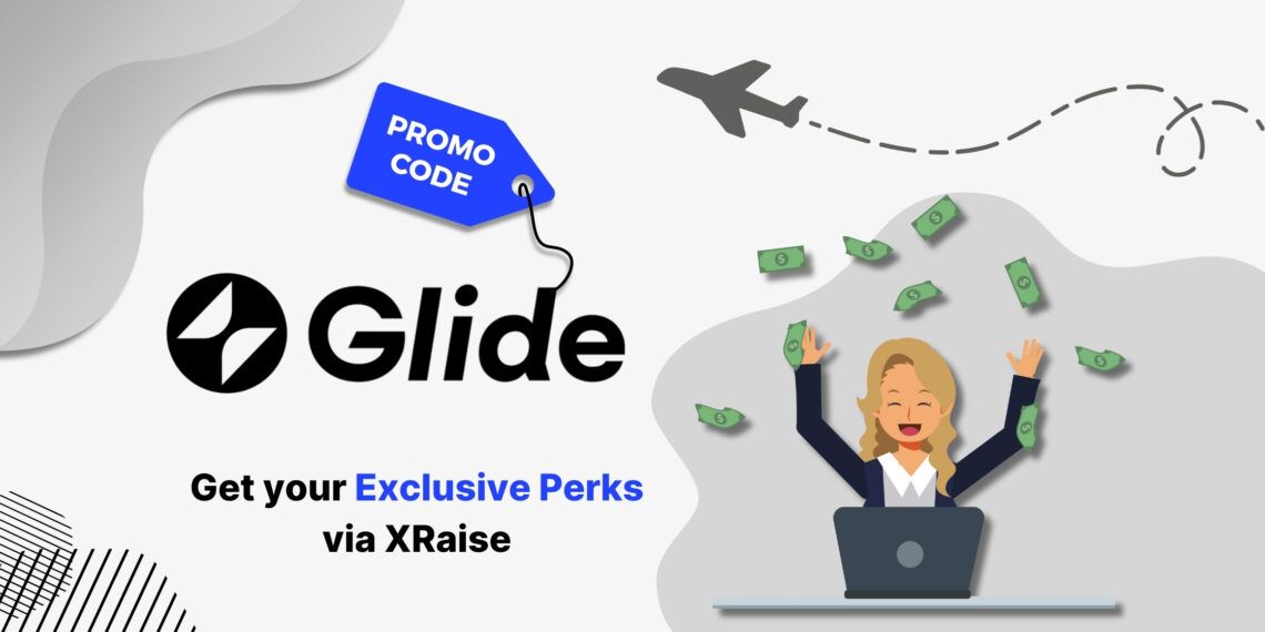 Glide promo code feature image with happy woman at laptop celebrating – exclusive no-code app builder perks via XRaise for startups in U.S. and worldwide