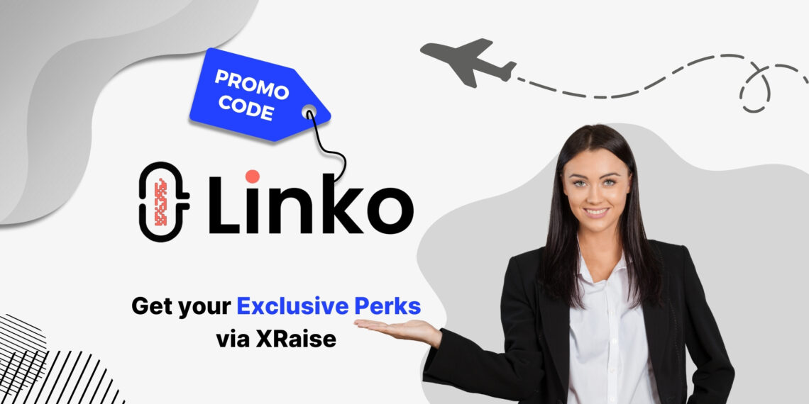 Linko promo code banner with smiling businesswoman holding hand out – exclusive startup perks via XRaise for founders in U.S. and international ecosystems