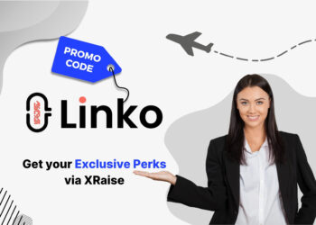 Linko promo code banner with smiling businesswoman holding hand out – exclusive startup perks via XRaise for founders in U.S. and international ecosystems