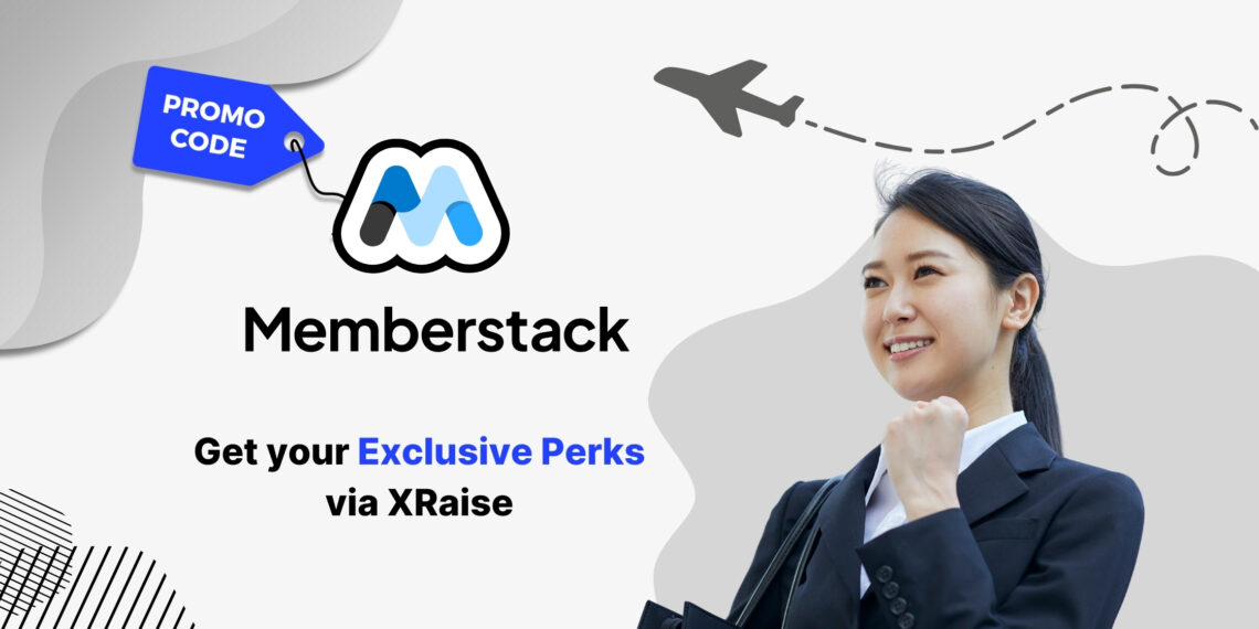 Memberstack promo code banner with smiling businesswoman celebrating with raised fist – exclusive no-code membership and SaaS perks via XRaise for startups worldwide