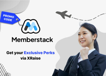 Memberstack promo code banner with smiling businesswoman celebrating with raised fist – exclusive no-code membership and SaaS perks via XRaise for startups worldwide