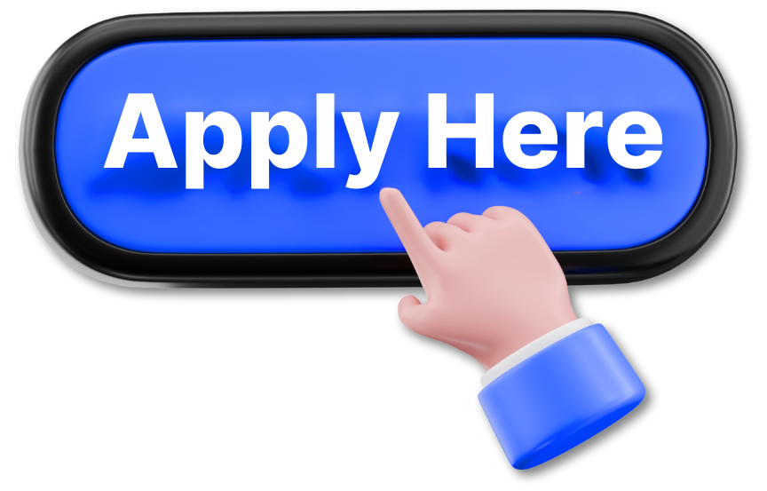 3D blue apply button with white text “Apply Here” and a cartoon hand pointing, used as a call-to-action graphic for startup perks applications.