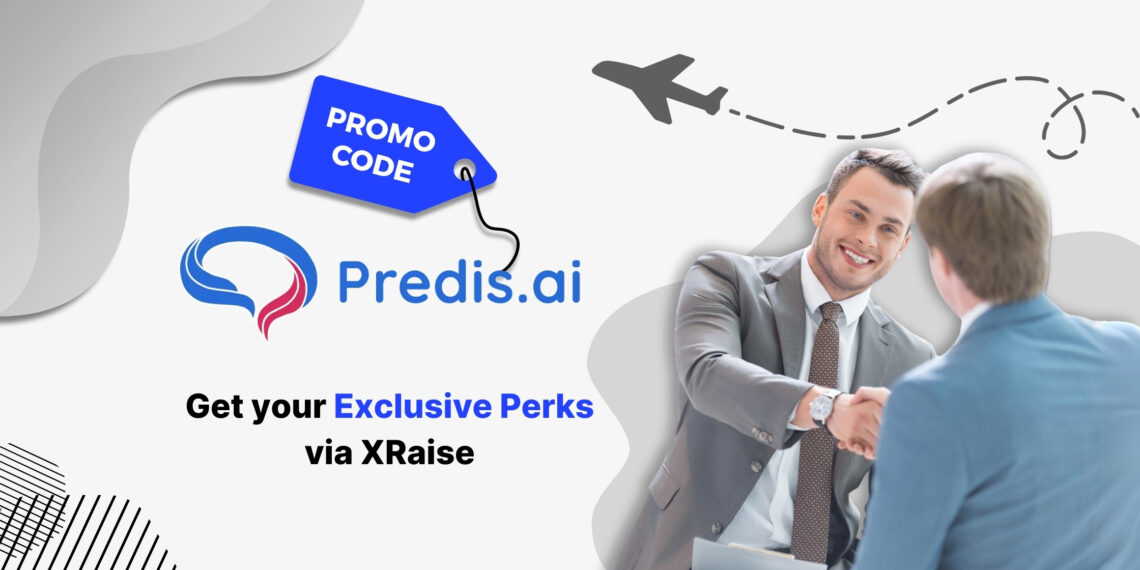 Predis.ai promo code banner with handshake between entrepreneurs – exclusive XRaise perks for AI-generated social media content and startup marketing automation