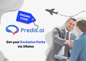 Predis.ai promo code banner with handshake between entrepreneurs – exclusive XRaise perks for AI-generated social media content and startup marketing automation