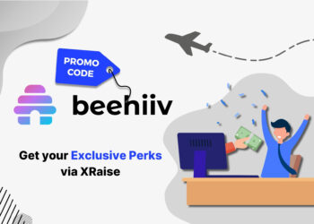 Beehiiv promo code banner with businessman celebrating at desk and money graphics – newsletter perks for founders via XRaise, optimized for U.S. and global startups