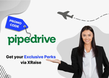 Pipedrive promo code banner with smiling businesswoman holding hand out – exclusive CRM and sales pipeline perks via XRaise for startups in U.S. and global ecosystems
