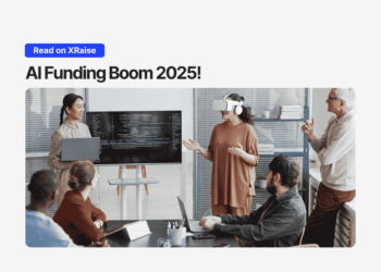AI founders in a meeting; a presenter wearing a VR headset shares data on a screen with the title “AI Funding Boom 2025”.