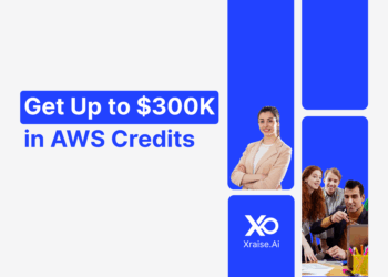 Founders collaborating with a banner showing “Get Up to $300K in AWS Credits” through XRaise.ai.