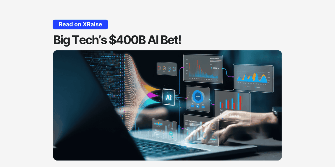 Futuristic laptop interface with glowing AI chip and data charts, symbolizing Big Tech’s $400B investment in AI infrastructure.