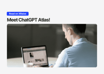 Person using a laptop with banner text “Meet ChatGPT Atlas – Read on XRaise” introducing OpenAI’s new AI browser.