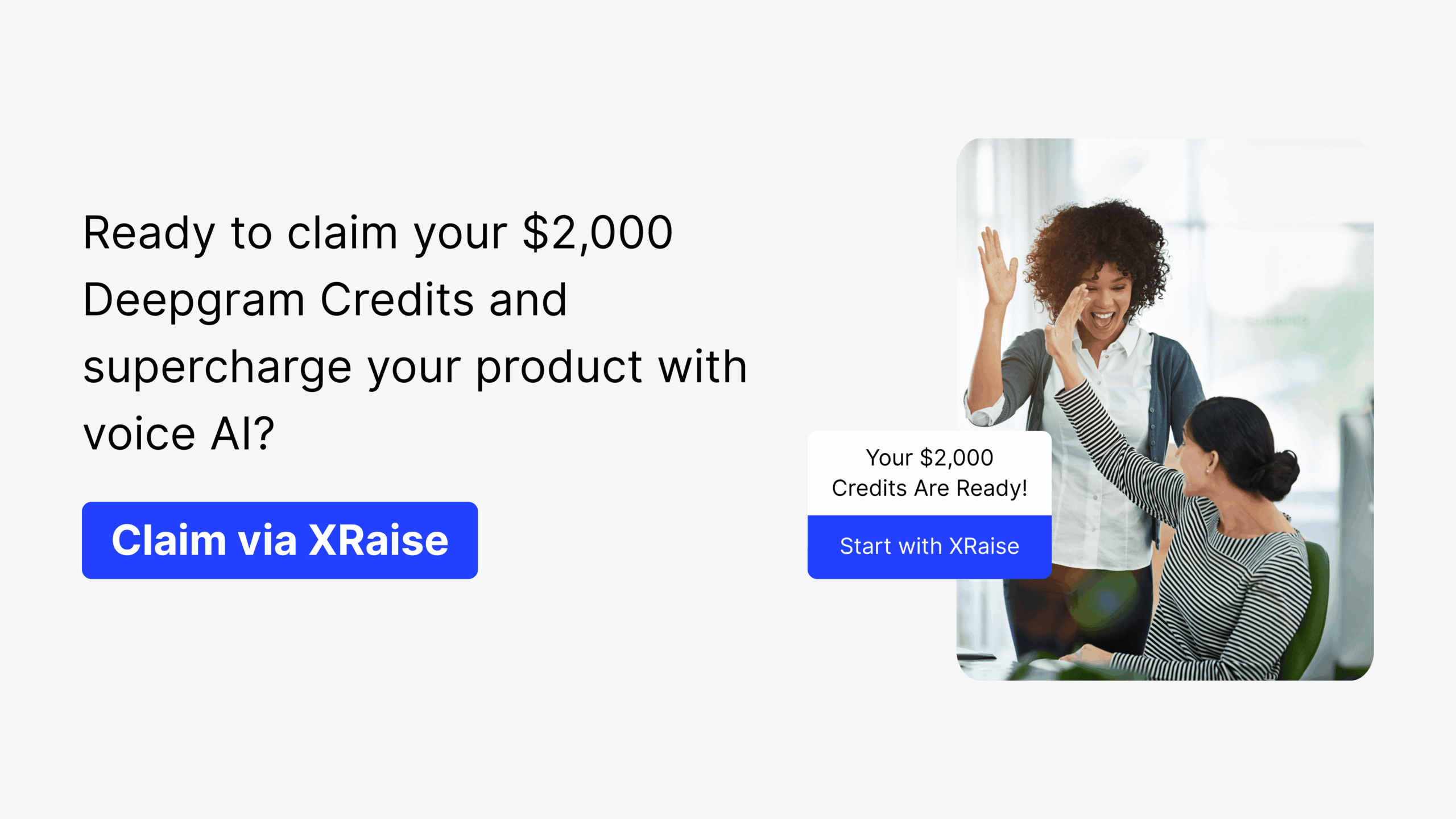 Two founders celebrating success with a high-five, promoting $2,000 Deepgram startup credits via XRaise.